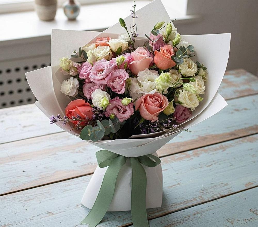 Букет цветов из: Розы, Лизиантусы и Гвоздики в Ефимовский