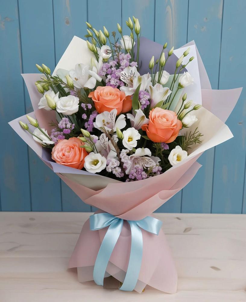 Букет цветов из: Лизиантусы, Розы, Альстромерии и Гипсофила в Ефимовский