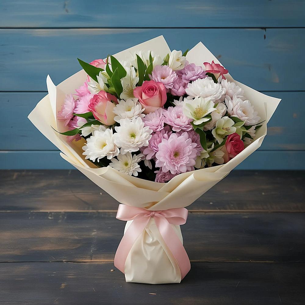 Букет цветов из: Хризантемы, Альстромерии и Розы в Ефимовский